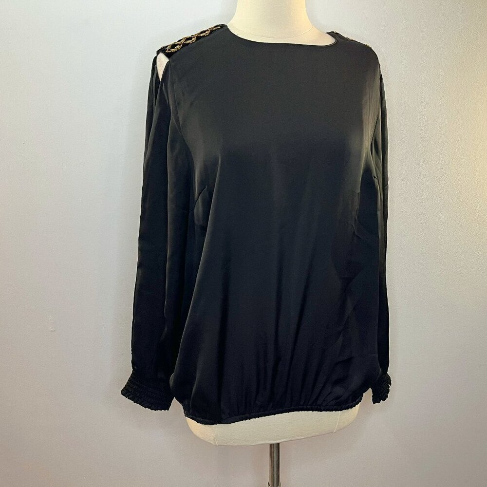 MERCER & MADISON Women's Black Embellished Open Shoulder Blouse - Size Large NWT